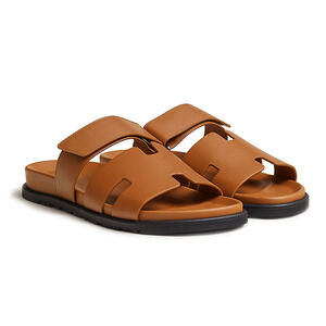 Hermes Chypre Sandal Mens Naturel Brown Gold Leather H Logo Slide Flat 45 12